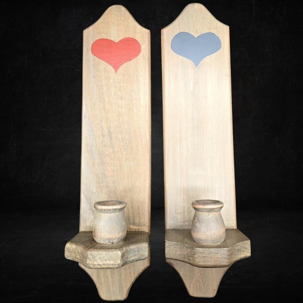 Vintage Primitive Wooden Heart Wall Candle Sconces - Pair